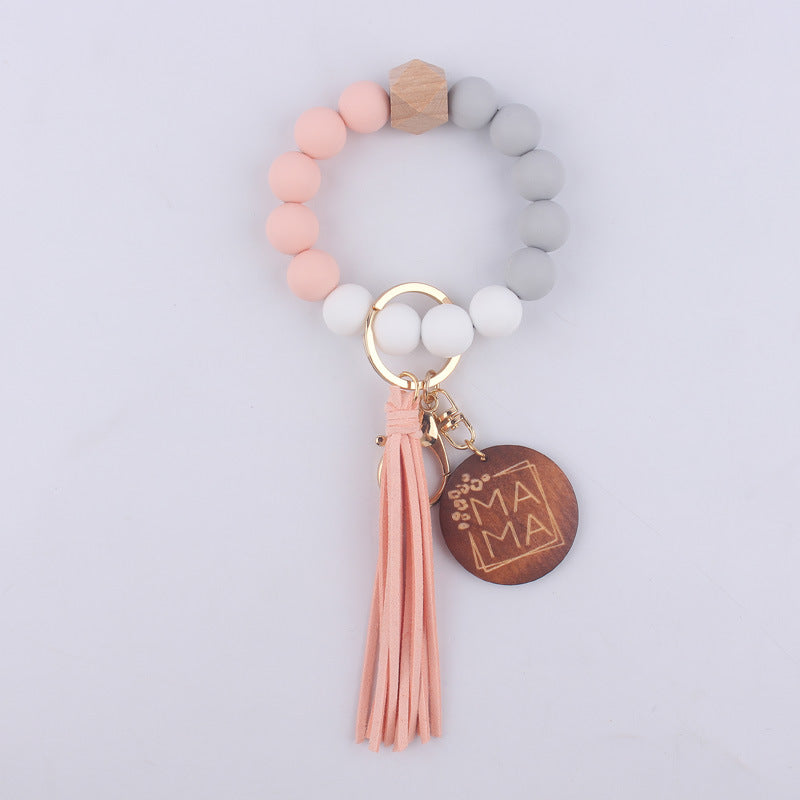 Wholesale MAMA Beaded Tassel Silicone Wrist Keychain